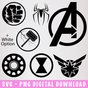 Peut inclure: Une collection d'icônes graphiques noires représentant un poing fermé, une araignée, le logo A des Avengers, un marteau avec des éclairs, un réacteur circulaire, un sablier et un emblème en étoile. Le texte + White Option et SVG - PNG DIGITAL DOWNLOAD est inclus.