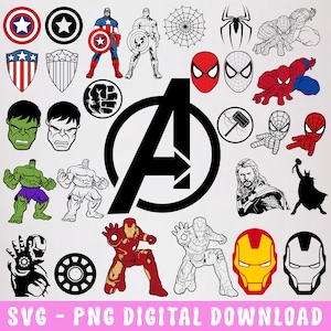 Peut inclure: Une collection d'illustrations graphiques numériques représentant des super-héros Marvel dont Captain America, Spider-Man, Hulk, Thor et Iron Man, ainsi que le logo Avengers, des boucliers, des masques et des symboles en couleur et en noir et blanc.