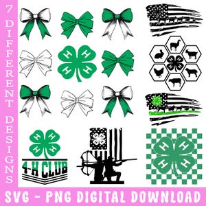 May include: A digital download graphic featuring seven different designs. The designs include bows, a four-leaf clover, and silhouettes of animals and people. The text "4-H CLUB" and "SVG - PNG DIGITAL DOWNLOAD" are also present.