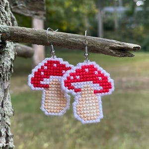 Mushroom Earrings, Embroidered Earrings With Mushrooms, Cross Stitch Earrings, Gift For Her, Gift For My Daughter