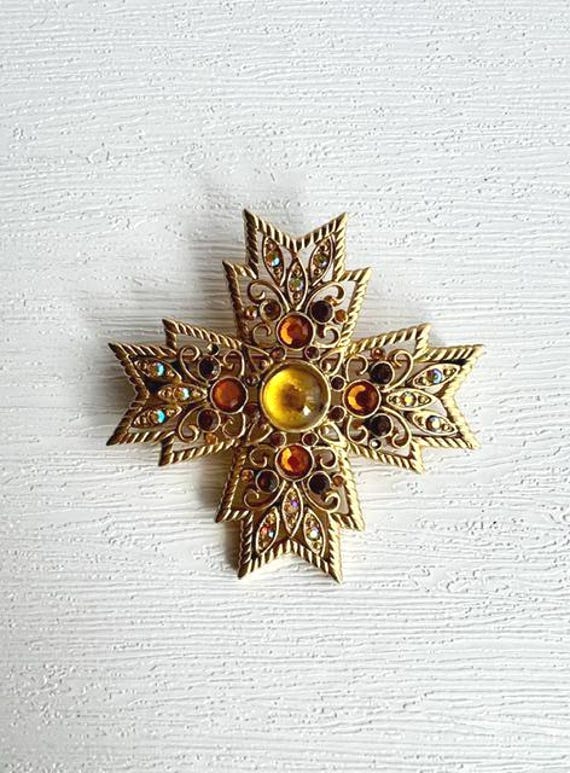 Vintage 1980s Signed TC Maltese Rhinestone Cross Brooch Pin Gold Tone with Citrine Yellow Orange Brown Stones. Great for Renaissance Fair