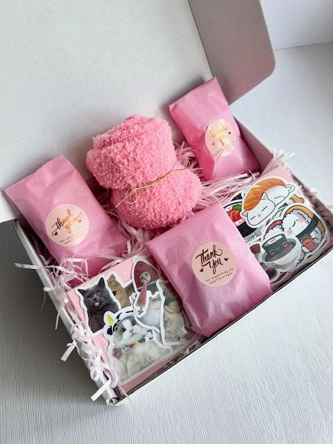 Mystery Box Blind Date w/a Plush & Non-Plush Bag Charm Set Plus, 10 Each of Cat and Asian Food Stickers; A Surprise Gift and Soft Pink Socks