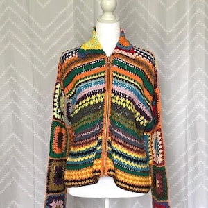 Vintage 90s Express Tricot Granny Square Patchwork Zipper Sweater Jacket 1990s Multicolor Crochet Boho Knit Cardigan Small