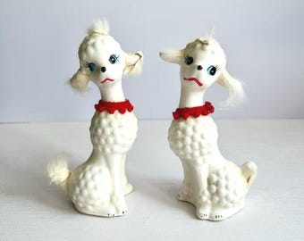 Vintage 1950s Enesco Japan Long Neck Poodle Figurines Pair Model 229, Mid Century Modern, MCM, White Ceramic Poodles Red Collars Set of 2.