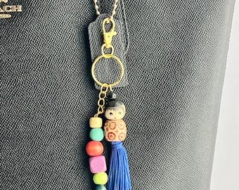 SAORI - Handmade Mini Kokeshi Doll Bag Charm Key Chain in GOLD Made with Vintage Head Bead and Colorful Wood Beads. Unique Bag Charm