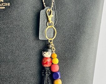 UMEKO - Handmade Mini Kokeshi Doll Bag Charm Key Chain in GOLD Made with Vintage Head Bead and Colorful Wood Beads. Unique Bag Charm