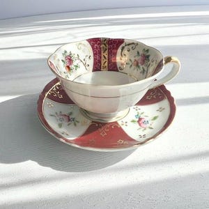 Vintage 1940s Demitasse Cup and Saucer Porcelain Burgundy Rose and Gold Trim - Marked NASCO Japan - For Decor Only. Bridgerton Grandmacore