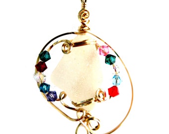 Sea glass pendant with Swarovski crystals multi color, very colorful