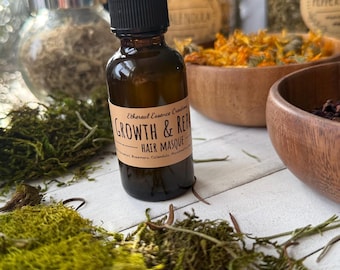 Wzrost i regeneracja – maska do włosów – organiczny skrzyp polny, rozmaryn, nagietek, korzeń prawoślazu, mięta pieprzowa, oliwa z oliwek extra virgin, 1 uncja