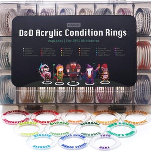 May include: A clear plastic storage case filled with 96 colorful acrylic rings. The rings are labeled with various Dungeons and Dragons conditions, such as blinded, poisoned, and charmed. The case is labeled "D&D Acrylic Condition Rings" and "96pieces | For RPG Miniatures".