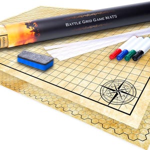 May include: A set of two battle grid game mats with a compass design, dry-erase markers, and a dry-erase eraser. The mats are rolled up in a tube with the text "BATTLE GRID GAME MATS" printed on the tube.