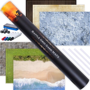 DND 24 x 36 Battle Game Mat | Dungeons and Dragons 3 X Double Sides Grid Mat | 6 Terrains Includes Dry Erase Markers, Eraser, Dice and Clips