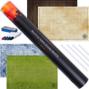 Dungeons and Dragons Battle Game Mat | 24&quot;x 36&quot; Double Sided Game Grid Mat | DND Accessories Includes Dry Erase Markers, Eraser and Clips