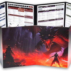 May include: A red dragon with black wings and glowing eyes faces a figure with a sword in a fiery landscape. The dragon's mouth is open, revealing sharp teeth. The figure is standing in a defensive stance, ready to fight. This is a Dungeons and Dragons themed game board.