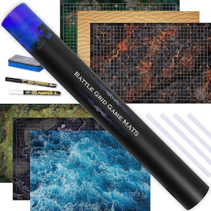DND Expansion Pack | Dungeons and Dragons Double Sided 24&quot; x 36&quot; Game Grid Mat | 6 Terrains with 2 x Dry Erase Markers, Eraser and Clips