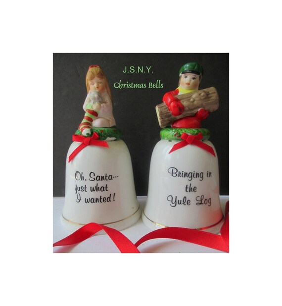 Two Christmas Bells J S N Y Ceramic Bells Boy And Girl Etsy