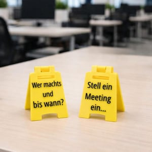 Könnte beinhalten: Zwei gelbe, Miniatur-Verkehrsschilder mit schwarzem Text auf einem hellbraunen Schreibtisch. Das Schild links lautet "Wer machts und bis wann?" und das Schild rechts "Stell ein Meeting ein...".