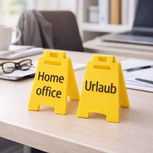 Könnte beinhalten: Zwei leuchtend gelbe, A-förmige Miniatur-Aufsteller auf einem Schreibtisch. Das linke Schild trägt den schwarzen Schriftzug "Home office" und das rechte Schild den schwarzen Schriftzug "Urlaub". Diese kleinen Tischaufsteller sind dreieckig.