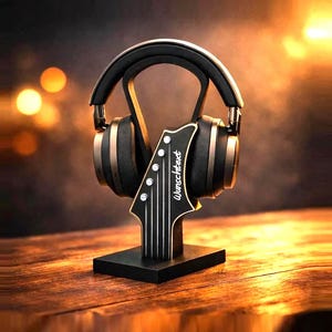 Könnte beinhalten: Schwarze und bronzefarbene Kopfhörer, die auf einem gitarrenförmigen Ständer ausgestellt sind. Auf dem Ständer steht das Wort "Wunschtext". Die Kopfhörer liegen auf einer Holzoberfläche mit unscharfem Hintergrund.