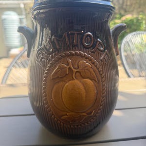 May include: A dark brown glazed ceramic jar with a lid and two side handles. The body features vertical ribbed texturing and a central embossed oval medallion depicting a fruit with leaves. The word RUMTOPF is embossed in an arc above the fruit.