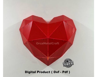 Archivo de corte láser para decoración de pared de corazón 3D: Arte metálico de baja poligonización (DXF, PDF)