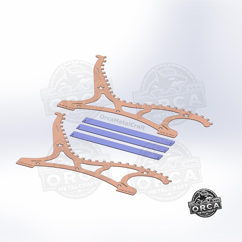 May include: Two laser-cut wooden display stands with a unique, curved design, featuring star-shaped cutouts. Three blue rectangular pieces are included. The Orca MetalCraft logo is visible in the bottom right corner.