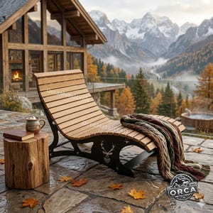 May include: Wooden outdoor chaise lounge with a black metal frame, a deer head design, and a cozy blanket. A small wooden side table holds a mug and a book. The background features a mountain range and a cabin.