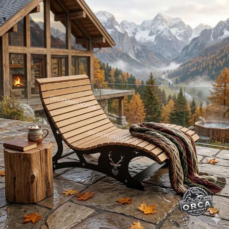May include: Wooden outdoor chaise lounge with a black metal frame, a deer head design, and a cozy blanket. A small wooden side table holds a mug and a book. The background features a mountain range and a cabin.