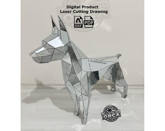 Archivo de corte láser de Doberman: Patrón de escultura de perro de metal 3D (instrucciones en PDF y DXF)