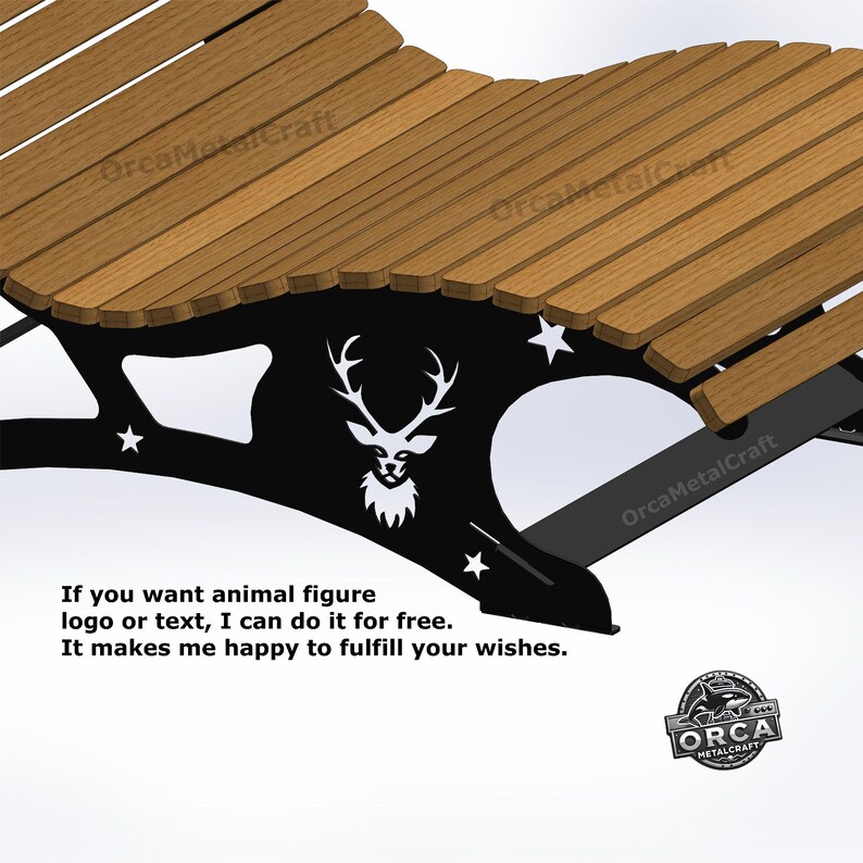 May include: A wooden slatted bench with a black metal frame. The frame features a deer head silhouette and star cutouts. Text on the image says, "If you want animal figure logo or text, I can do it for free. It makes me happy to fulfill your wishes."