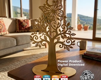 Archivo DXF del Árbol de la Vida con Mariposas para Corte Láser, Arte Metálico Familiar, Decoración de Mesa