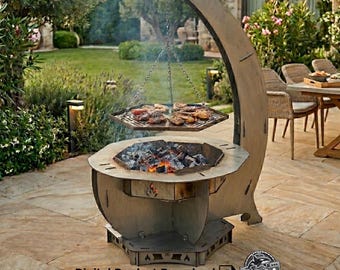 Archivos DXF de parrilla para barbacoa con diseño de fogata: decoración de jardín cortada con láser (producto digital)