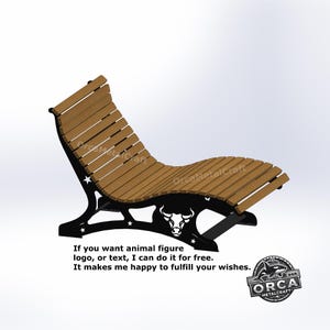 May include: A wooden and black metal chaise lounge with a bull logo and star cutouts. The lounge has a curved design with wooden slats and a black metal frame. Text on the image says, "If you want animal figure logo, or text, I can do it for free."
