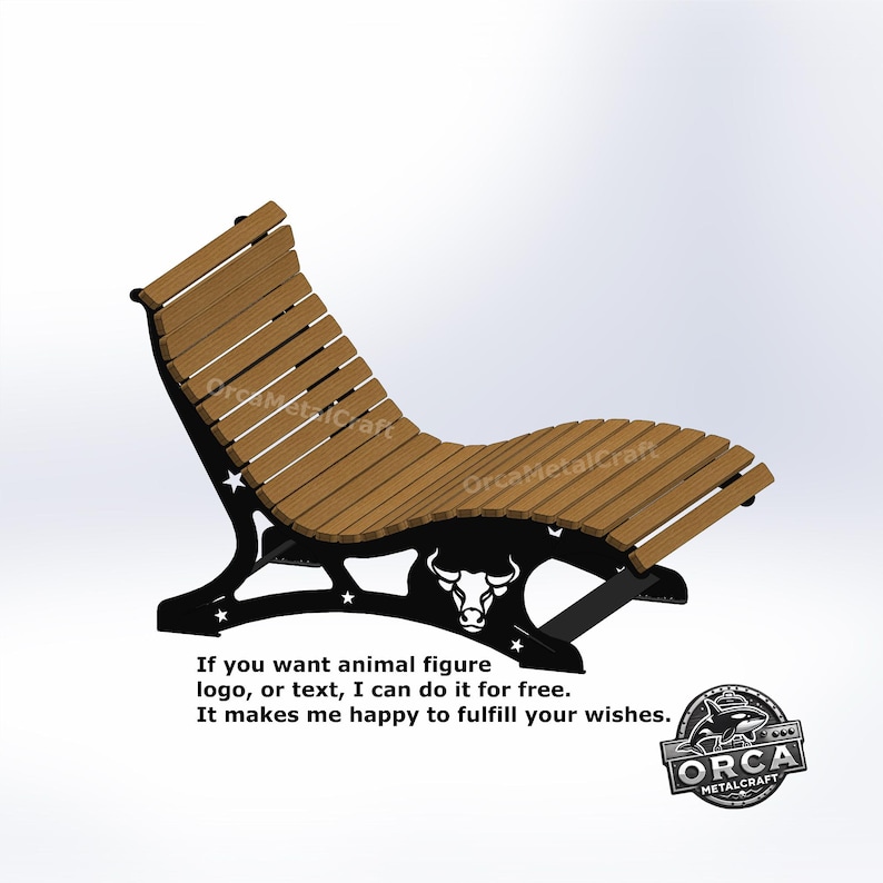 May include: A wooden and black metal chaise lounge with a bull logo and star cutouts. The lounge has a curved design with wooden slats and a black metal frame. Text on the image says, "If you want animal figure logo, or text, I can do it for free."