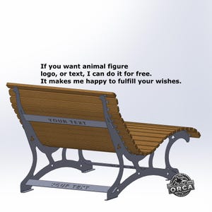 May include: A wooden bench with a slatted seat and back, supported by ornate gray metal legs. The bench has the text "YOUR TEXT" on the metal supports. The image also includes the text: "If you want animal figure logo, or text, I can do it for free."