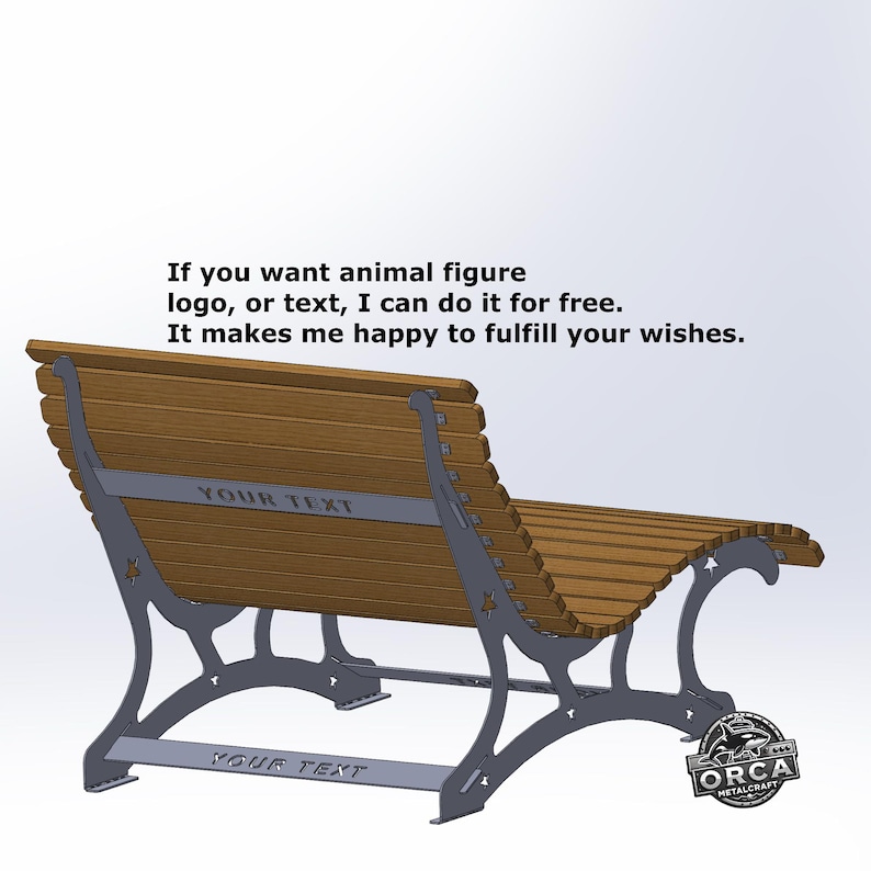 May include: A wooden bench with a slatted seat and back, supported by ornate gray metal legs. The bench has the text "YOUR TEXT" on the metal supports. The image also includes the text: "If you want animal figure logo, or text, I can do it for free."