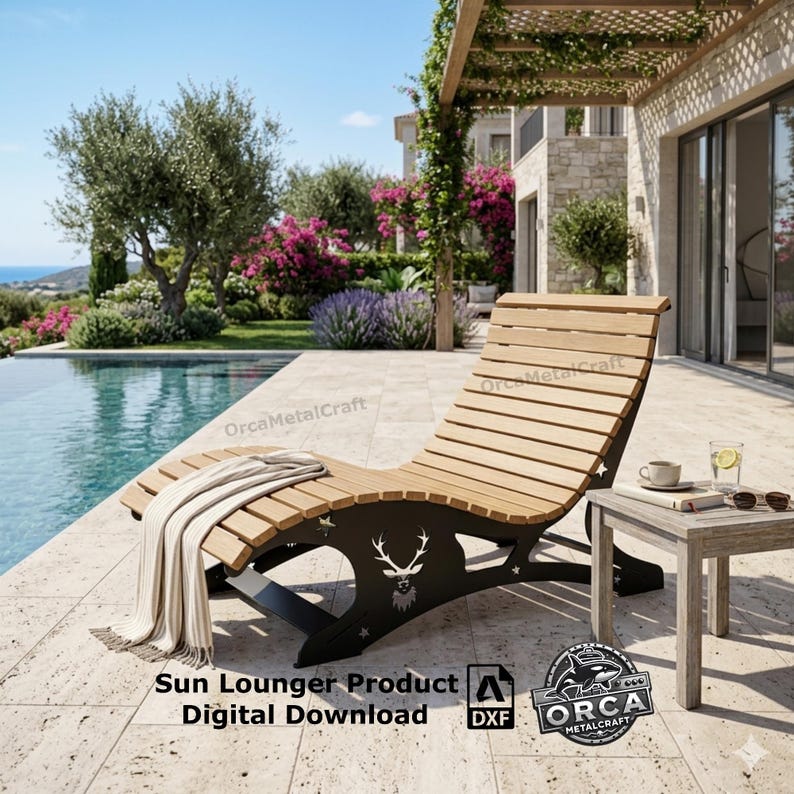 May include: A wooden sun lounger with a black metal frame, featuring a deer head silhouette. The lounger has a light-colored blanket draped over it. The image also includes a small side table with a drink and sunglasses.