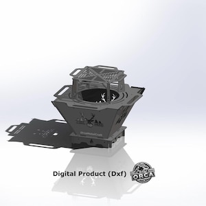 Könnte beinhalten: Digital gerenderter, dunkelgrauer Metall-Feuerkorb mit geometrischem Design. Der Feuerkorb hat eine quadratische Basis, die sich nach oben hin erweitert, mit einem Grill und dekorativen Ausschnitten. Der Text "Digital Product (Dxf)" ist sichtbar.