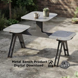 Puede incluir: Un banco de metal gris con dos asientos laterales y una superficie de mesa central elevada. La estructura presenta un diseño de patas en forma de A. El texto en la imagen dice: Metal Bench Product Digital Download, junto con un icono DXF y el logotipo de Orca Metalcraft.
