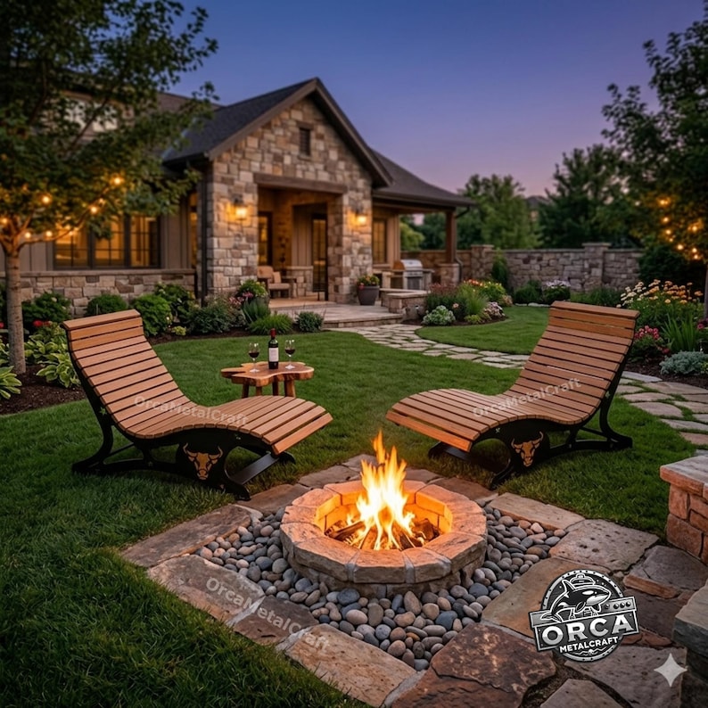 May include: An outdoor scene featuring a stone fire pit with a burning fire, flanked by two wooden lounge chairs with black metal frames. A small wooden table with wine bottles sits nearby. The background includes a stone house and lush green lawn.