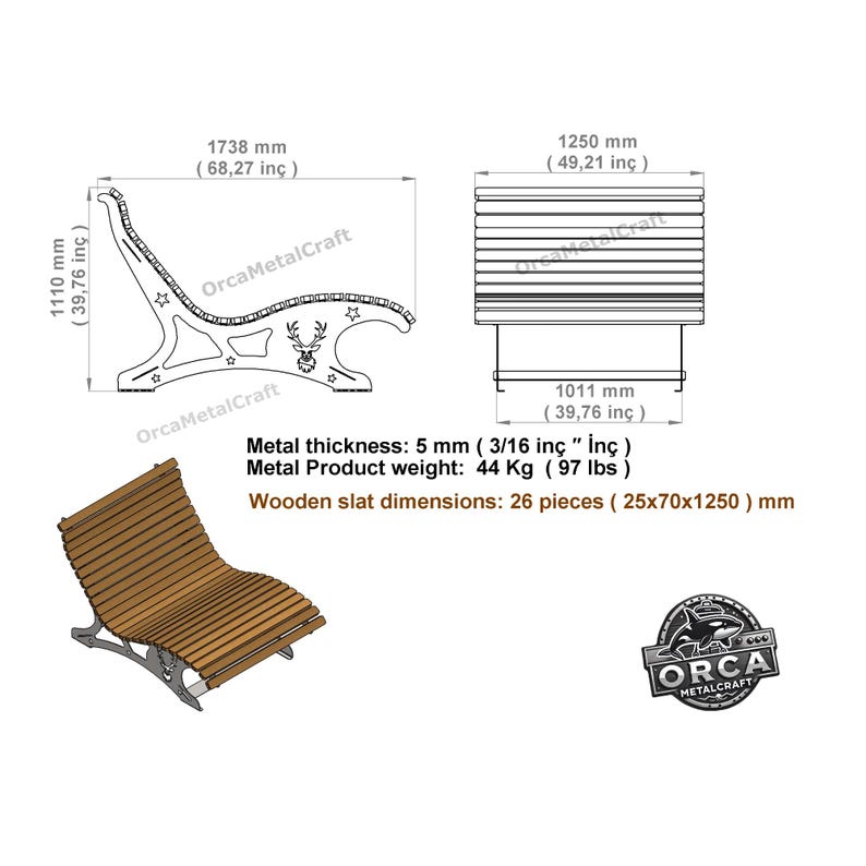May include: A wooden slat bench with a metal frame. The bench is 68.27 inches long, 39.76 inches high, and weighs 97 lbs. The wooden slats are 25x70x1250 mm. The bench has a decorative deer and star design.