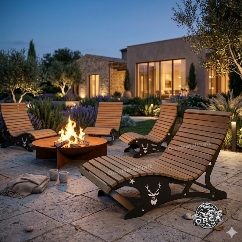May include: Outdoor patio set featuring four wooden chaise lounges with black metal deer silhouettes and a round fire pit with a burning fire. The set is arranged on a stone patio with a house in the background.