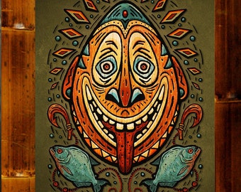 Stampa Tiki Art "Fishing Buddy" Piranha - Decorazione da bar retrò 8x10 - Arte murale polinesiana umoristica per Tiki Lounge o Home Bar