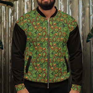 Schrumpfkopf Jacke Print Grün und Schwarz Tiki Adventureland Outsider Art Unisex BomberJacke
