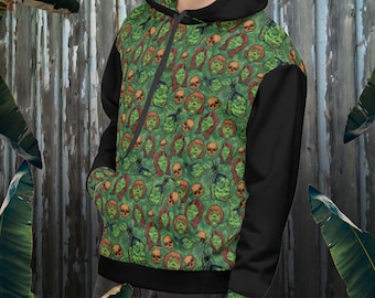 Shrunken Head Sweatshirt Unisex Hoodie Green and Black Oddity Adventureland Pullover