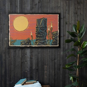 Tiki Sunset Canvas Print , Vintage Style, mid century, tropical, hawaiian, tiki gods, wall art, Canvas Art Print
