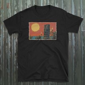 Tiki Sunset T-Shirt , Vintage Style, mid century, tropical, hawaiian shirt , tiki gods, Short-Sleeve Unisex T-Shirt