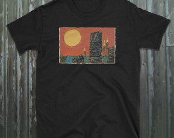 Tiki Sunset T-Shirt , Vintage Style, mid century, tropical, hawaiian shirt , tiki gods, Short-Sleeve Unisex T-Shirt