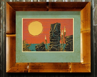 Tiki Sunset Beach Version Kunstdruck - 8x10 Vintage Hawaiianisches Wanddekor - Retro polynesisches Tiki-Bar Poster von AlbinoAlligator