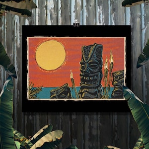 Tiki Sunset Hawaiian Art Print – 8x10 Vintage Tropical Wall Decor – Mid-Century Modern Tiki Bar Poster by AlbinoAlligator